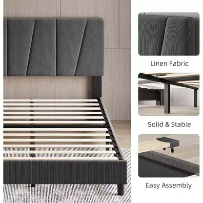 Cadre de lit double avec tête de lit réglable, sommier tapissier en lin avec lattes en bois solides, soutien de matelas, gris foncé