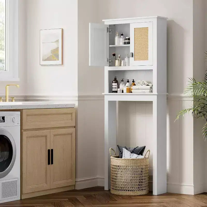 Meuble de rangement haut de 63 pouces au-dessus des toilettes, organisateur de salle de bain de style ferme avec étagère réglable, étagère de toilettes peu encombrante pour la salle de bain et la buanderie.