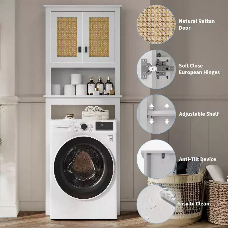 Meuble de rangement haut de 63 pouces au-dessus des toilettes, organisateur de salle de bain de style ferme avec étagère réglable, étagère de toilettes peu encombrante pour la salle de bain et la buanderie.