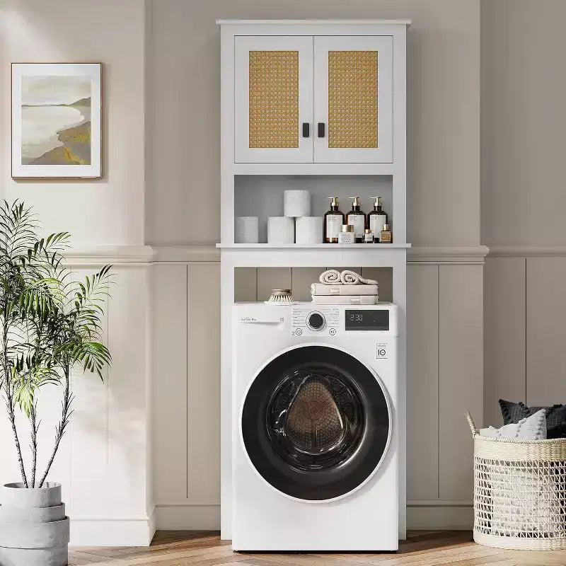 Meuble de rangement haut de 63 pouces au-dessus des toilettes, organisateur de salle de bain de style ferme avec étagère réglable, étagère de toilettes peu encombrante pour la salle de bain et la buanderie.