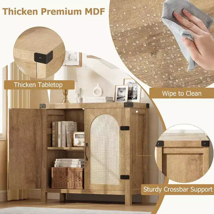 29.9 Petit buffet en rotin, console de bar à café de cuisine avec portes et tiroir, étagères réglables et poignées, style bohème rustique