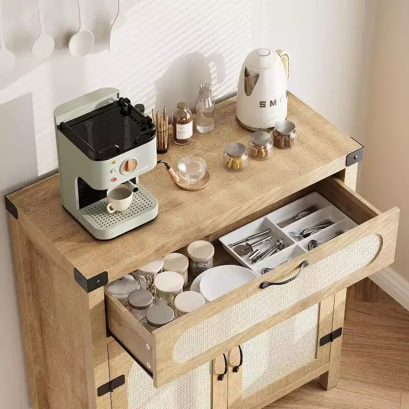 29.9 Petit buffet en rotin, console de bar à café de cuisine avec portes et tiroir, étagères réglables et poignées, style bohème rustique