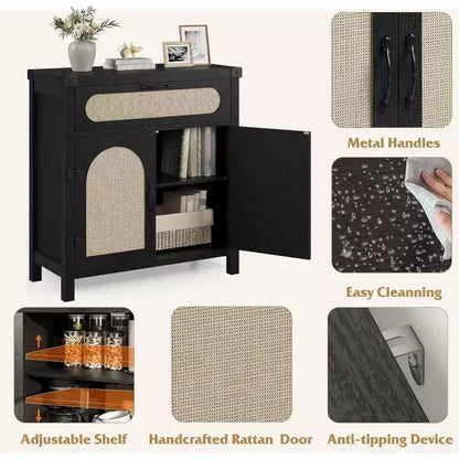 29.9 Petit buffet en rotin, console de bar à café de cuisine avec portes et tiroir, étagères réglables et poignées, style bohème rustique