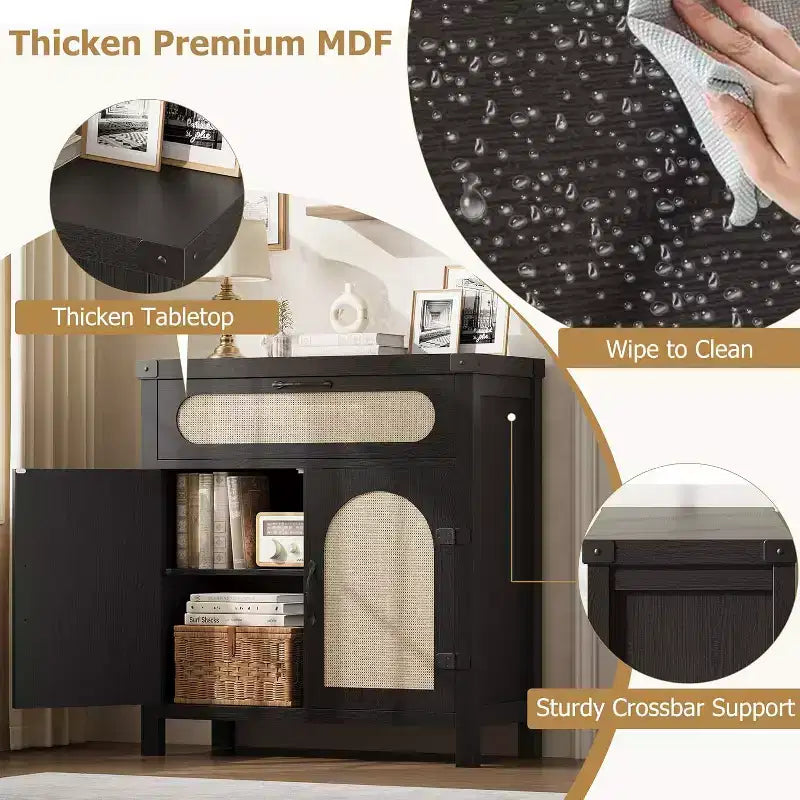 29.9 Petit buffet en rotin, console de bar à café de cuisine avec portes et tiroir, étagères réglables et poignées, style bohème rustique
