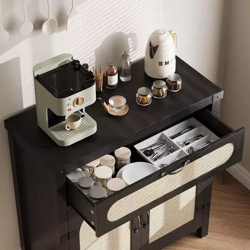 29.9 Petit buffet en rotin, console de bar à café de cuisine avec portes et tiroir, étagères réglables et poignées, style bohème rustique
