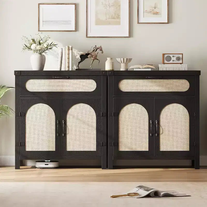 29.9 Petit buffet en rotin, console de bar à café de cuisine avec portes et tiroir, étagères réglables et poignées, style bohème rustique