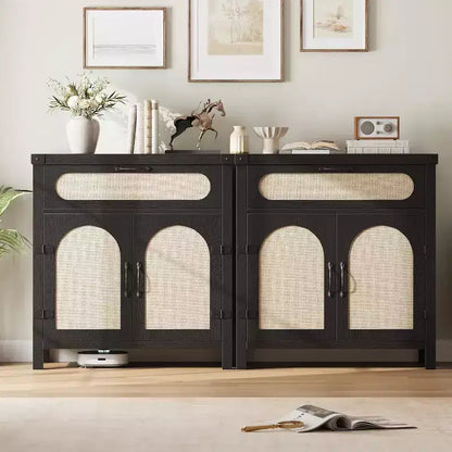 29.9 Petit buffet en rotin, console de bar à café de cuisine avec portes et tiroir, étagères réglables et poignées, style bohème rustique