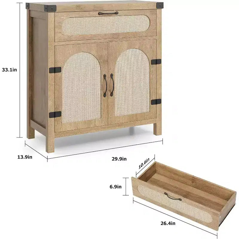 29.9 Petit buffet en rotin, console de bar à café de cuisine avec portes et tiroir, étagères réglables et poignées, style bohème rustique