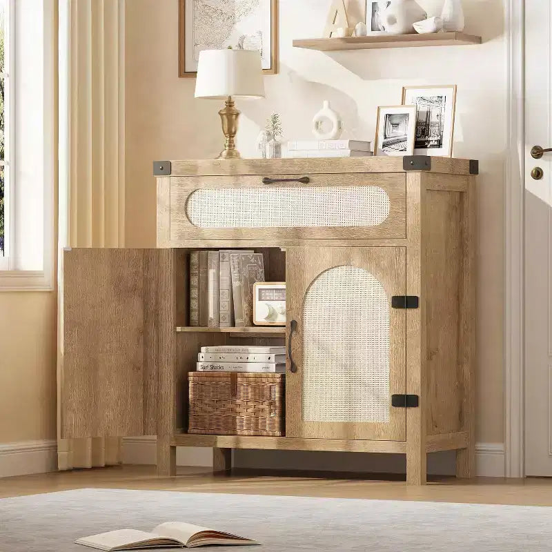 29.9 Petit buffet en rotin, console de bar à café de cuisine avec portes et tiroir, étagères réglables et poignées, style bohème rustique