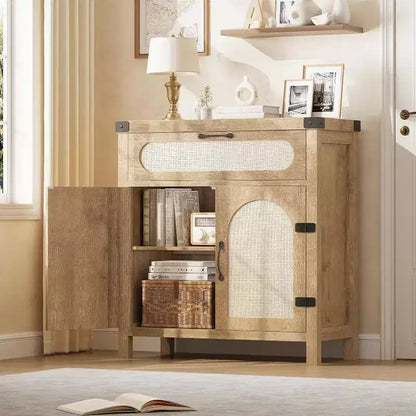29.9 Petit buffet en rotin, console de bar à café de cuisine avec portes et tiroir, étagères réglables et poignées, style bohème rustique