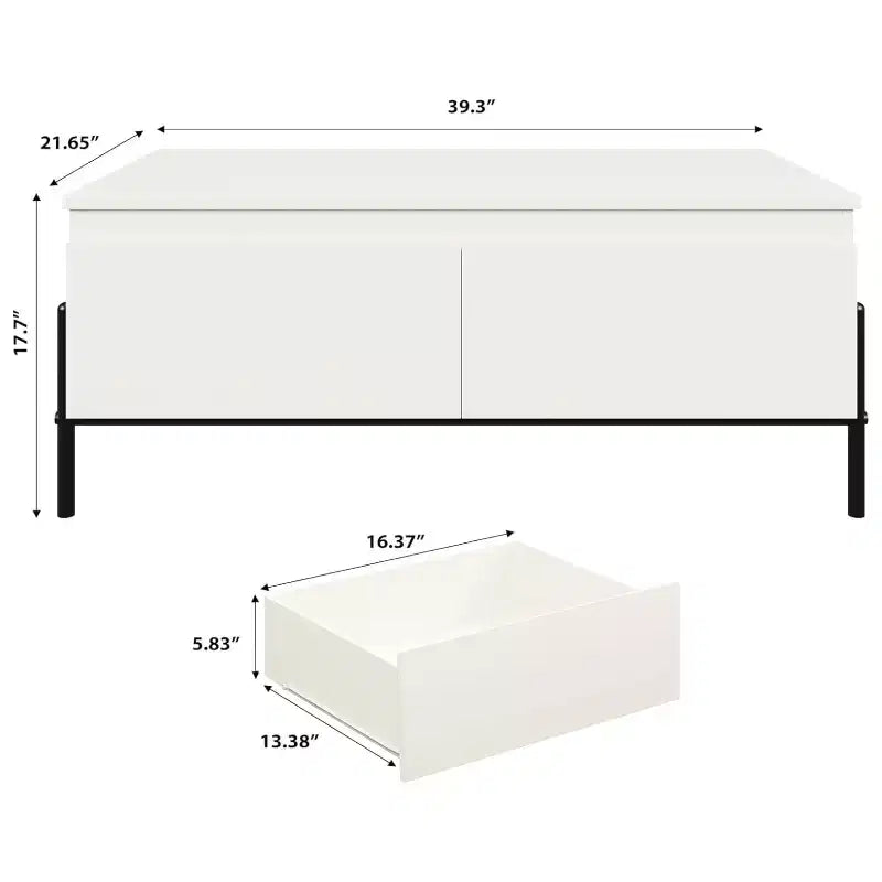 Table basse blanche moderne avec tiroirs et étagère arrière ouverte pour salon, bureau, chambre