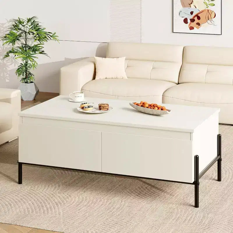 Table basse blanche moderne avec tiroirs et étagère arrière ouverte pour salon, bureau, chambre