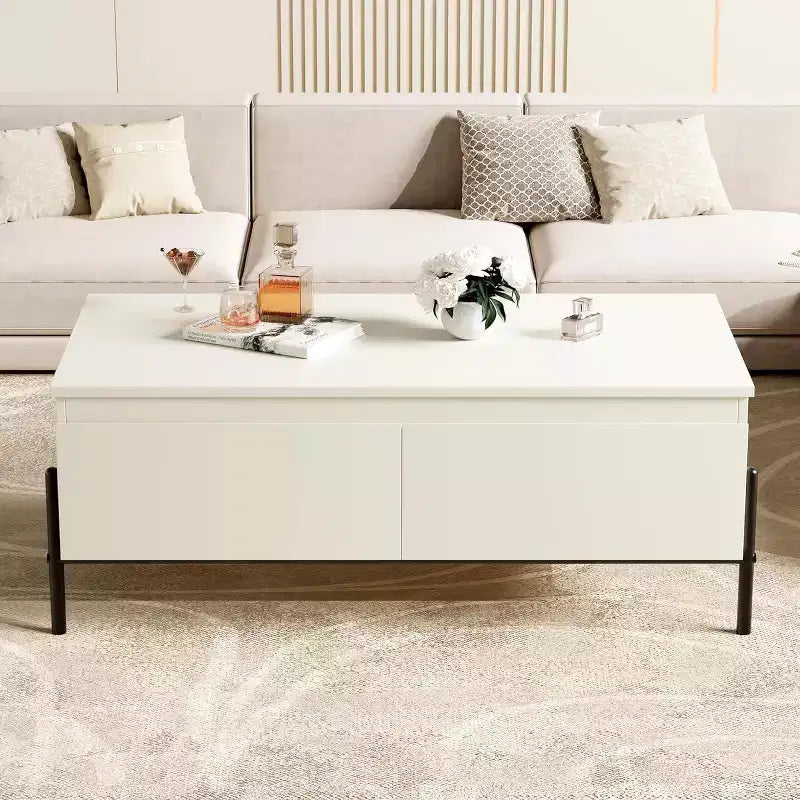 Table basse blanche moderne avec tiroirs et étagère arrière ouverte pour salon, bureau, chambre