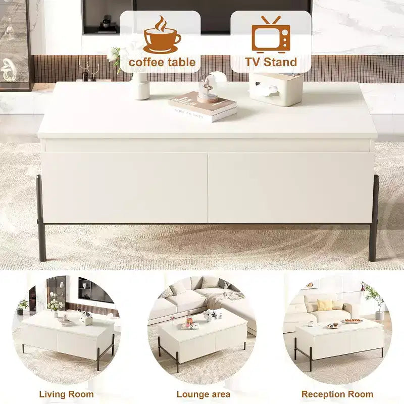 Table basse blanche moderne avec tiroirs et étagère arrière ouverte pour salon, bureau, chambre