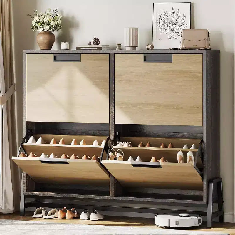 Meuble à chaussures basculant à 4 tiroirs, Organisateur de rangement de chaussures étroit pour entrée, Étagère réglable, Anti-basculement, Bois de chêne, Style minimaliste
