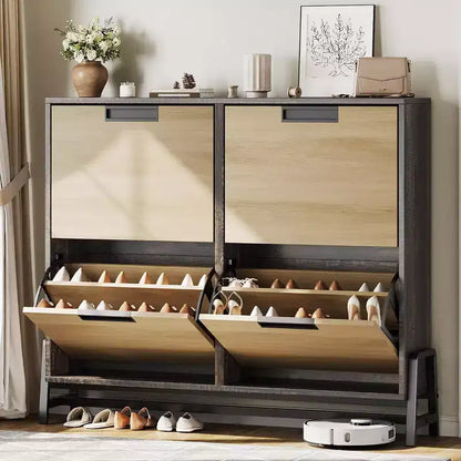 Meuble à chaussures basculant à 4 tiroirs, Organisateur de rangement de chaussures étroit pour entrée, Étagère réglable, Anti-basculement, Bois de chêne, Style minimaliste