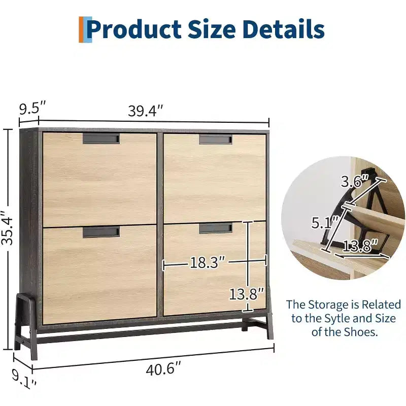 Meuble à chaussures basculant à 4 tiroirs, Organisateur de rangement de chaussures étroit pour entrée, Étagère réglable, Anti-basculement, Bois de chêne, Style minimaliste