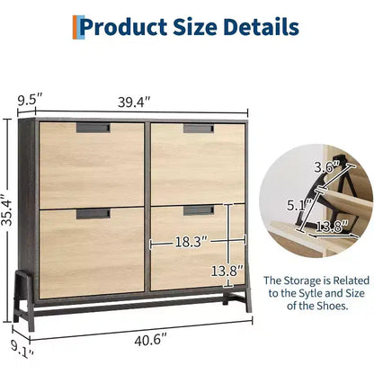 Meuble à chaussures basculant à 4 tiroirs, Organisateur de rangement de chaussures étroit pour entrée, Étagère réglable, Anti-basculement, Bois de chêne, Style minimaliste