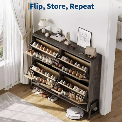 Meuble à chaussures basculant à 4 tiroirs, Organisateur de rangement de chaussures étroit pour entrée, Étagère réglable, Anti-basculement, Bois de chêne, Style minimaliste