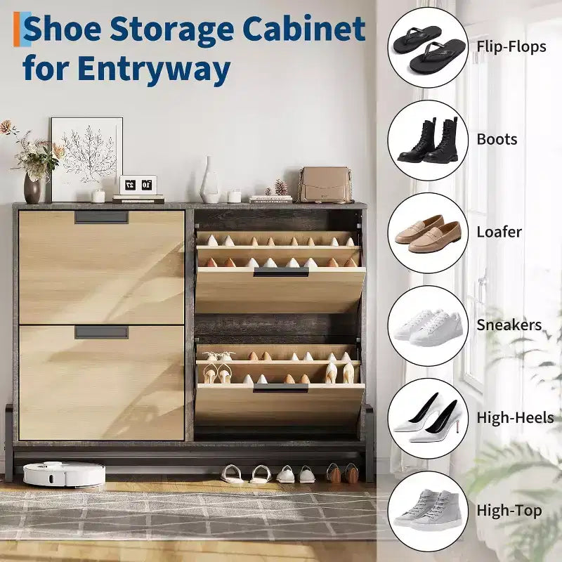 Meuble à chaussures basculant à 4 tiroirs, Organisateur de rangement de chaussures étroit pour entrée, Étagère réglable, Anti-basculement, Bois de chêne, Style minimaliste