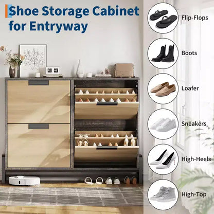 Meuble à chaussures basculant à 4 tiroirs, Organisateur de rangement de chaussures étroit pour entrée, Étagère réglable, Anti-basculement, Bois de chêne, Style minimaliste