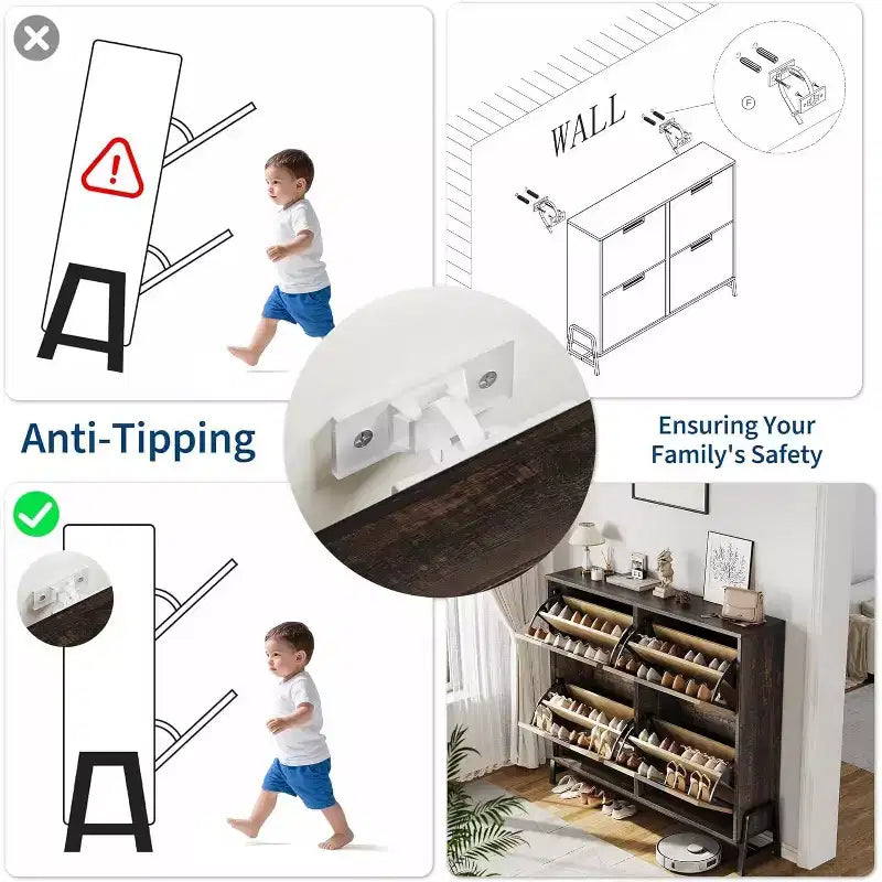 Meuble à chaussures basculant à 4 tiroirs, Organisateur de rangement de chaussures étroit pour entrée, Étagère réglable, Anti-basculement, Bois de chêne, Style minimaliste