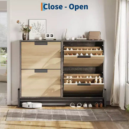 Meuble à chaussures basculant à 4 tiroirs, Organisateur de rangement de chaussures étroit pour entrée, Étagère réglable, Anti-basculement, Bois de chêne, Style minimaliste