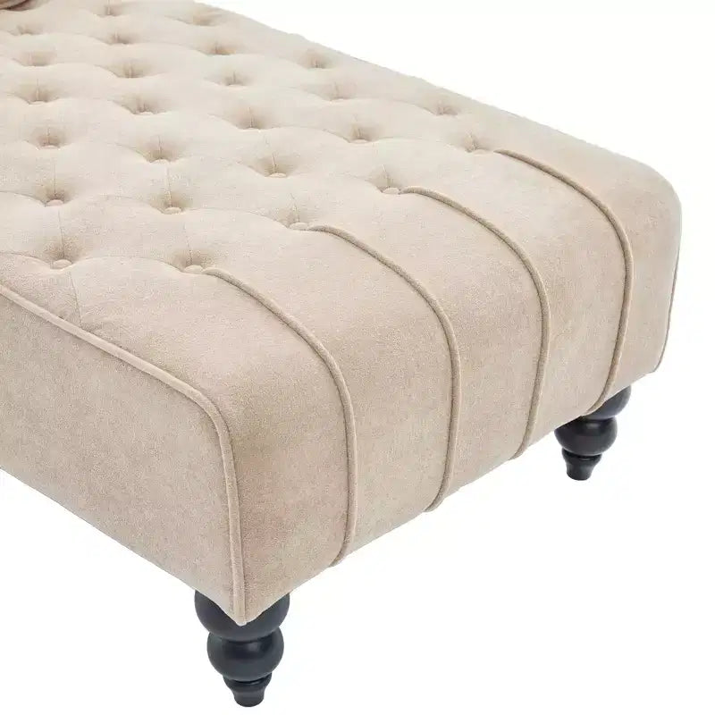 Méridienne moderne glamour en velours capitonné avec coussin décoratif amovible et pieds en bois tournés