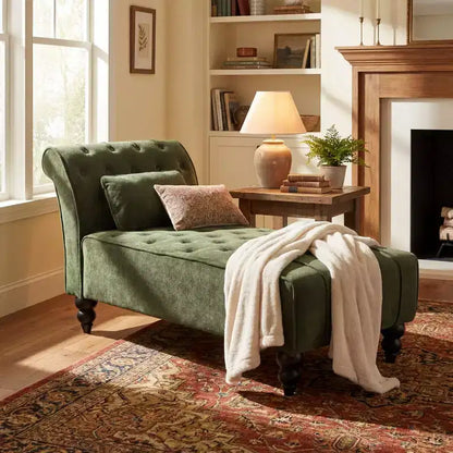 Méridienne moderne glamour en velours capitonné avec coussin décoratif amovible et pieds en bois tournés
