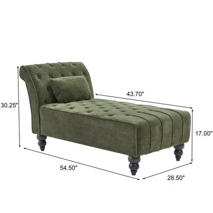 Méridienne moderne glamour en velours capitonné avec coussin décoratif amovible et pieds en bois tournés