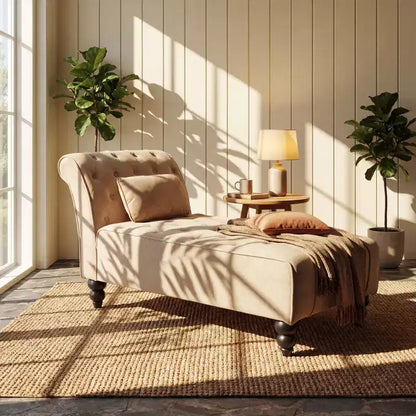 Méridienne moderne glamour en velours capitonné avec coussin décoratif amovible et pieds en bois tournés