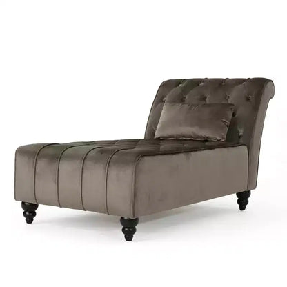 Méridienne moderne glamour en velours capitonné avec coussin décoratif amovible et pieds en bois tournés