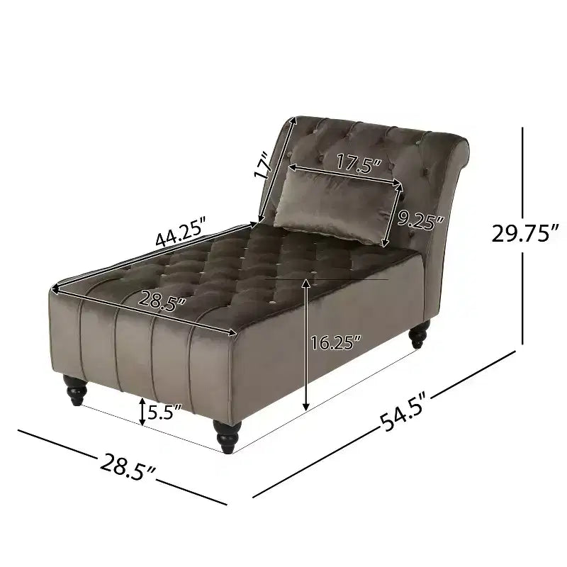 Méridienne moderne glamour en velours capitonné avec coussin décoratif amovible et pieds en bois tournés