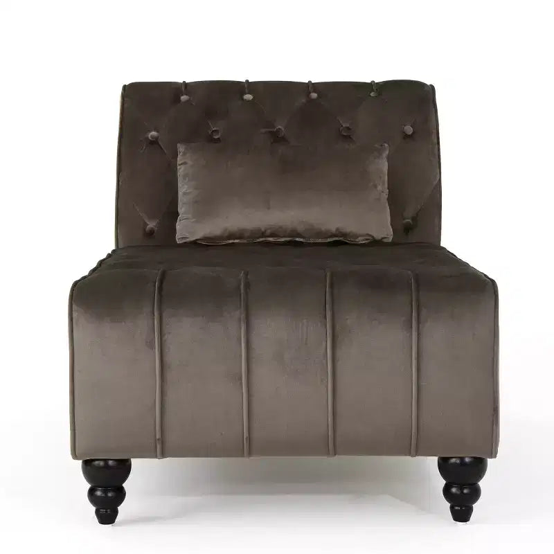 Méridienne moderne glamour en velours capitonné avec coussin décoratif amovible et pieds en bois tournés