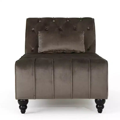 Méridienne moderne glamour en velours capitonné avec coussin décoratif amovible et pieds en bois tournés