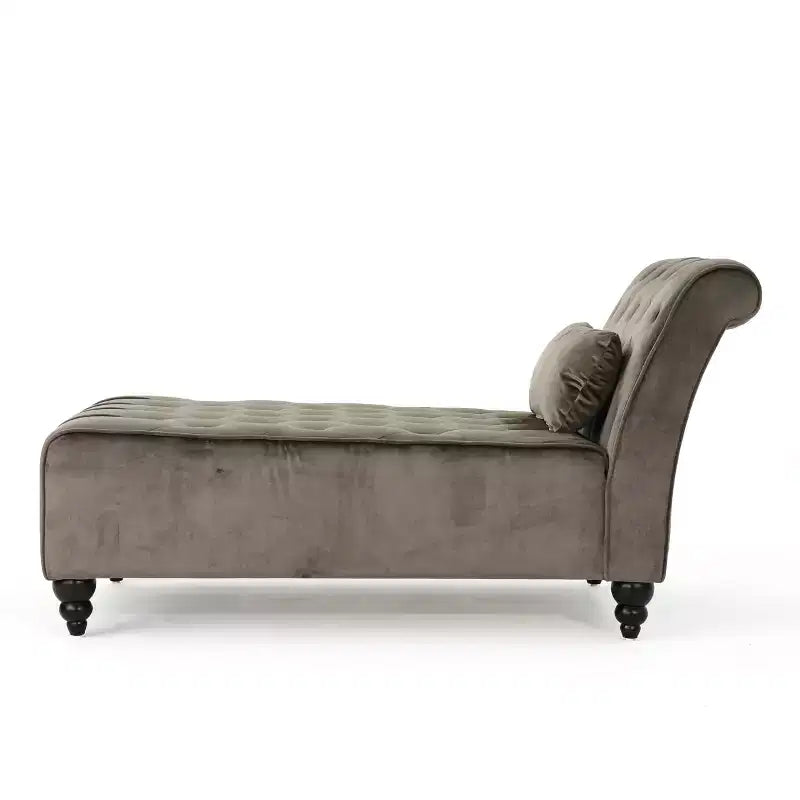 Méridienne moderne glamour en velours capitonné avec coussin décoratif amovible et pieds en bois tournés