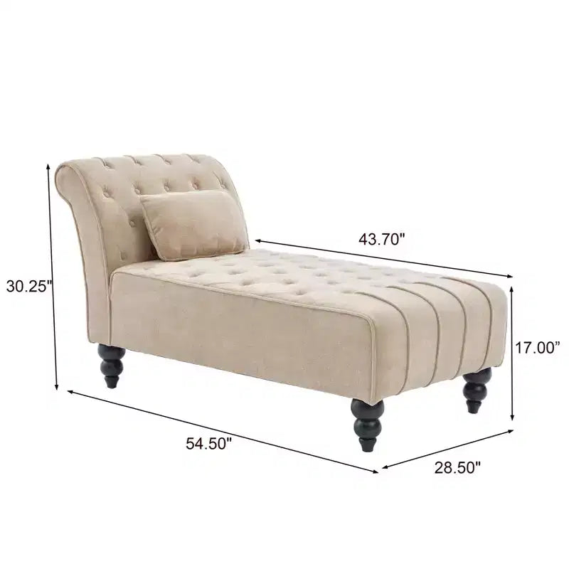 Méridienne moderne glamour en velours capitonné avec coussin décoratif amovible et pieds en bois tournés
