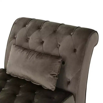 Méridienne moderne glamour en velours capitonné avec coussin décoratif amovible et pieds en bois tournés