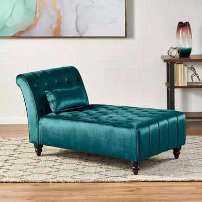 Méridienne moderne glamour en velours capitonné avec coussin décoratif amovible et pieds en bois tournés