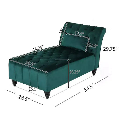 Méridienne moderne glamour en velours capitonné avec coussin décoratif amovible et pieds en bois tournés