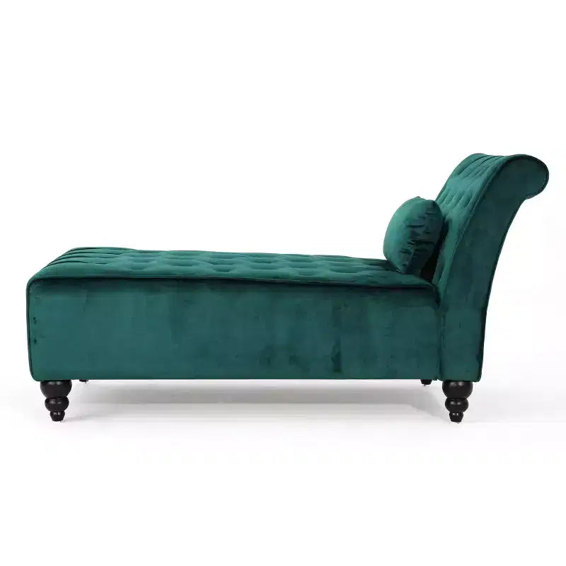 Méridienne moderne glamour en velours capitonné avec coussin décoratif amovible et pieds en bois tournés