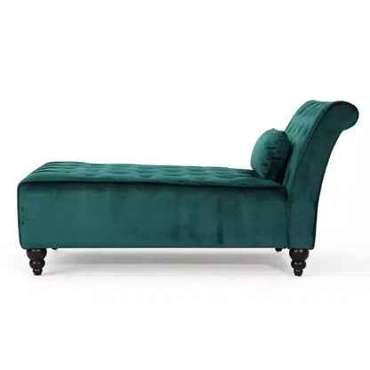 Méridienne moderne glamour en velours capitonné avec coussin décoratif amovible et pieds en bois tournés