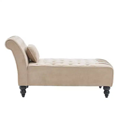 Méridienne moderne glamour en velours capitonné avec coussin décoratif amovible et pieds en bois tournés