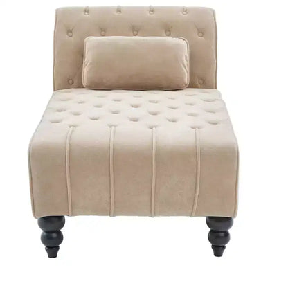 Méridienne moderne glamour en velours capitonné avec coussin décoratif amovible et pieds en bois tournés