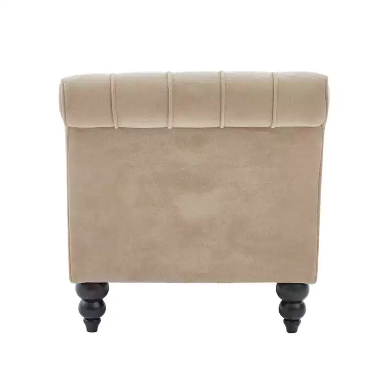 Méridienne moderne glamour en velours capitonné avec coussin décoratif amovible et pieds en bois tournés