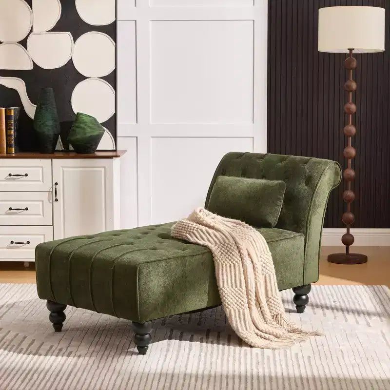 Méridienne moderne glamour en velours capitonné avec coussin décoratif amovible et pieds en bois tournés