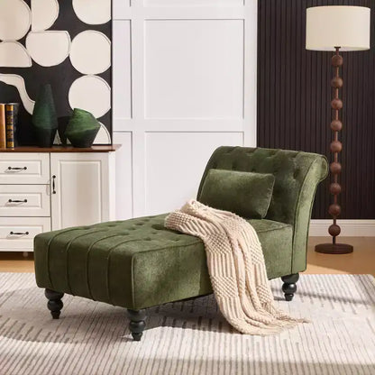 Méridienne moderne glamour en velours capitonné avec coussin décoratif amovible et pieds en bois tournés