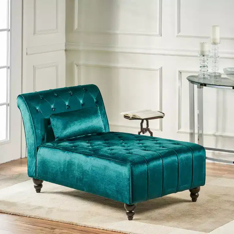 Méridienne moderne glamour en velours capitonné avec coussin décoratif amovible et pieds en bois tournés