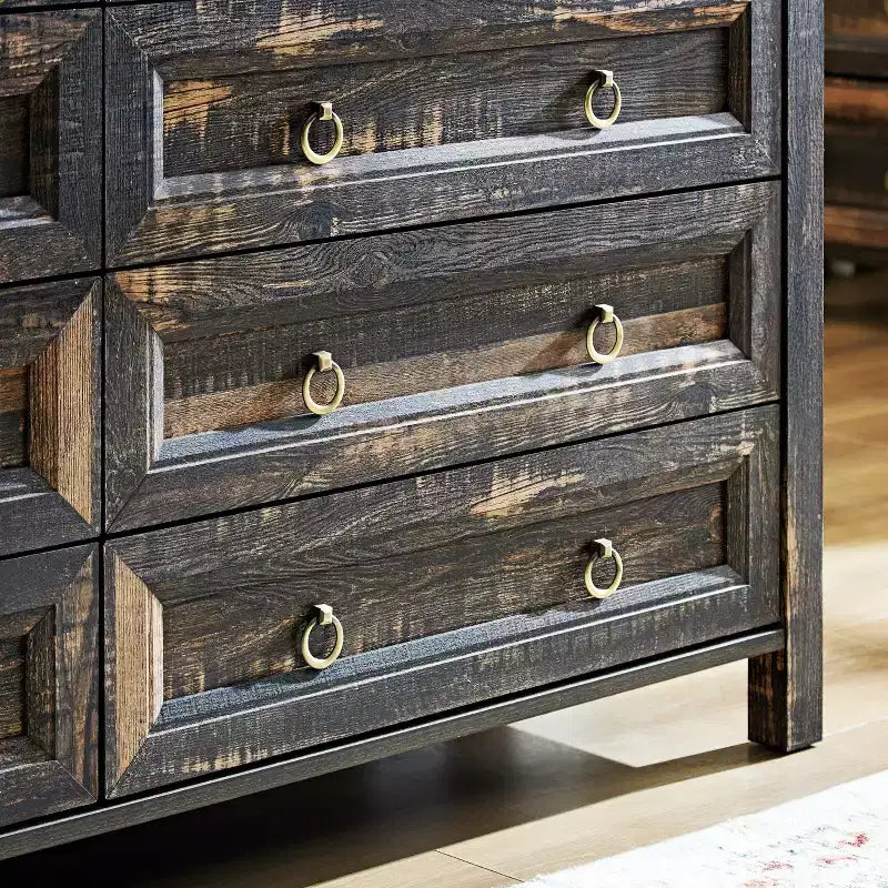 Commode de rangement large à 6 tiroirs style ferme avec poignées en métal