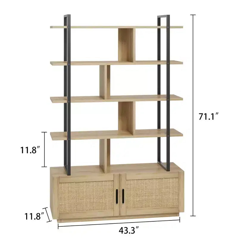 Étagère en rotin de 180,6 cm de haut, bibliothèque industrielle à 5 niveaux avec armoire de rangement et porte, étagères ouvertes, cadre en métal, étagère de style ferme bohème